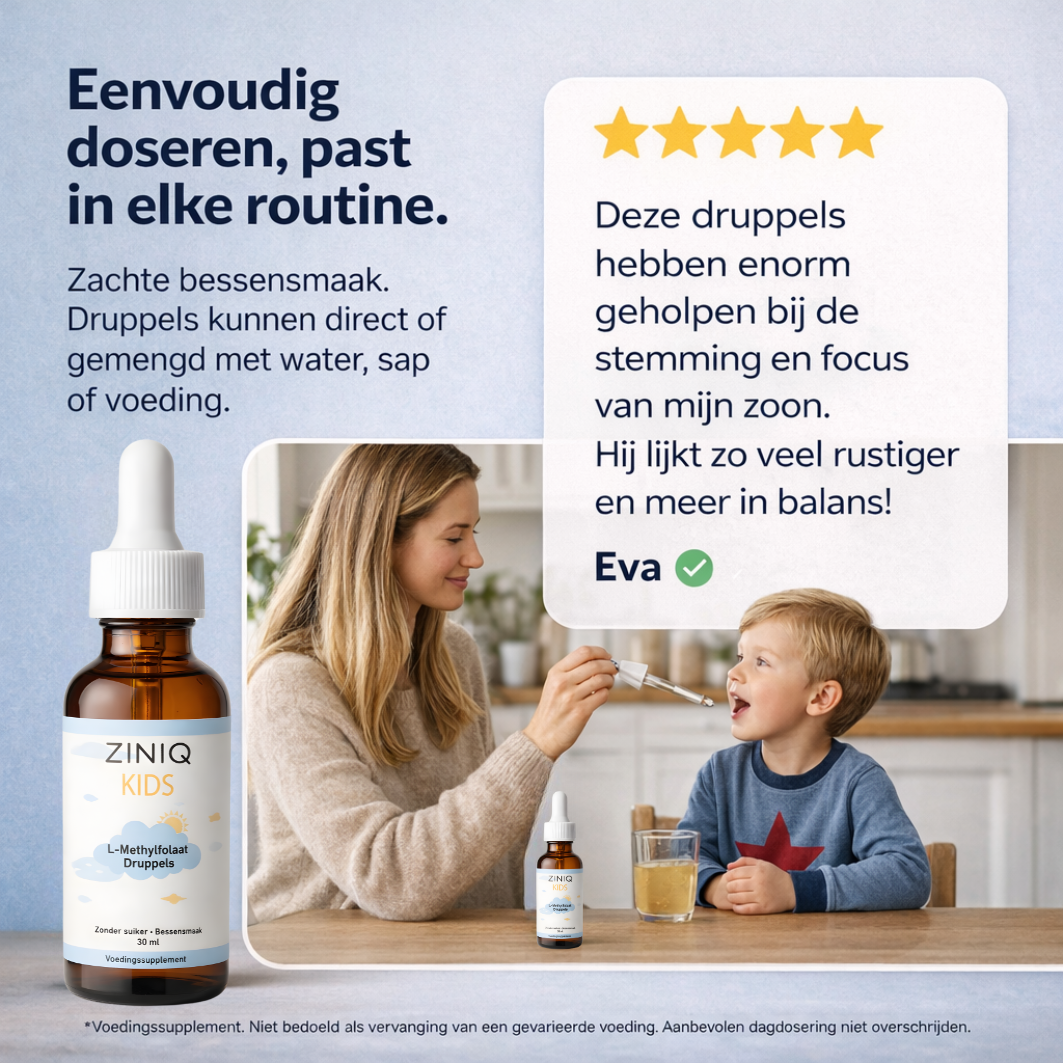 ZINIQ™ KIDS L-Methylfolaat | Meer rust. Meer focus en een kind dat zich weer goed voelt in zijn eigen hoofd.